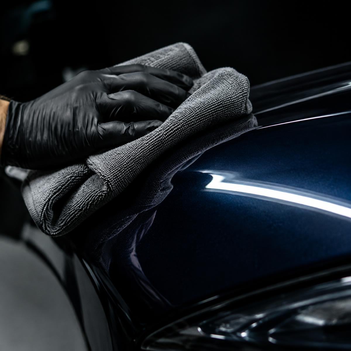 Illustrative close-up: a gloved hand buffing glossy paint with a microfiber cloth