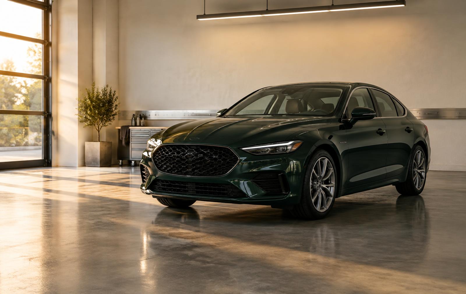 Illustrative: a dark green sedan in a sunlit one-bay detailing studio